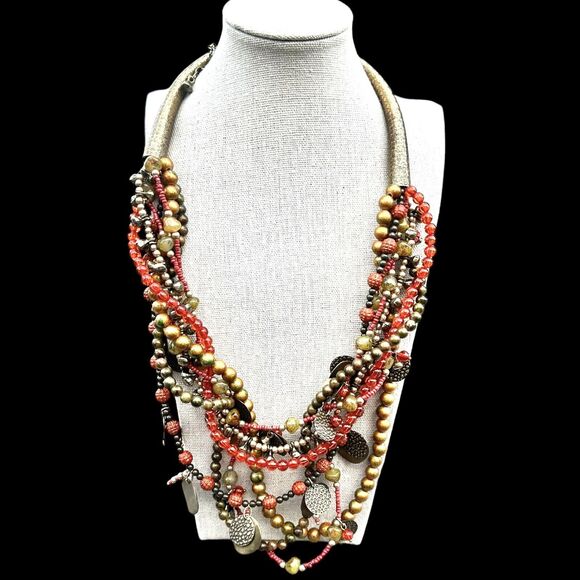 Vintage TRESKA Necklace Gold Tone Orange Amber Boho Multi-strand Charm Beaded - Picture 2 of 6